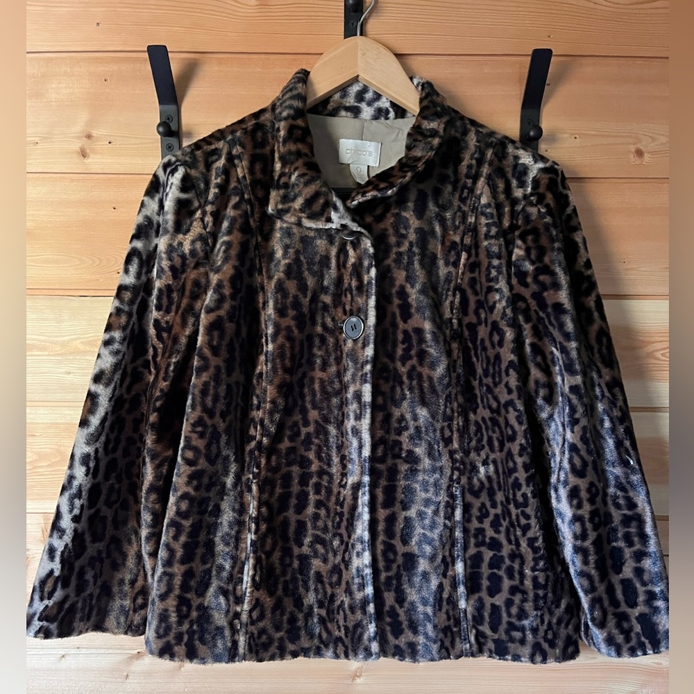 Chico’s Leopard Print Faux Fur Dress Swing Jacket